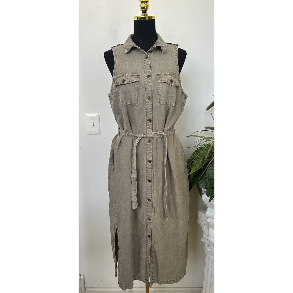 Sundance Utility Shirt Dress Linen Blend Midi Belted Boho Safari Gorpcore Tan L - Picture 2 of 8